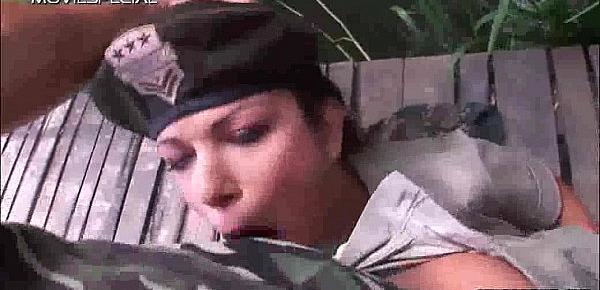  Stunning army babe sucking a rock hard cock outdoors